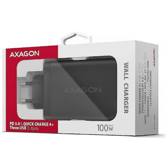 Axagon Charger Without Cable GaN with USB-A Port and 2 USB-C Ports 100W Power Delivery / Quick Charge 3.0 Blacks (ACU-DPQ100)