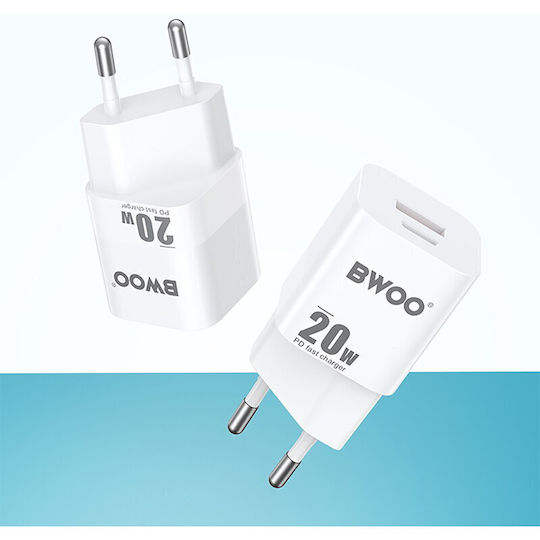 BWOO Зарядно без кабел GaN (Галуниев нитрид) с USB-A порт и USB-C порт 20W Доставка на енергия / Бързо зареждане 3.0 Бял (CDA156)
