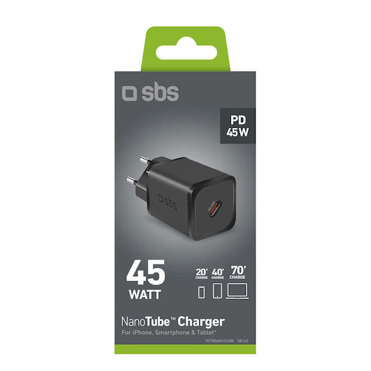 SBS Зарядно Устройство Без Кабел GaN с USB-C Изходен Порт 45W Power Delivery Черно (TRGAN1C45W)