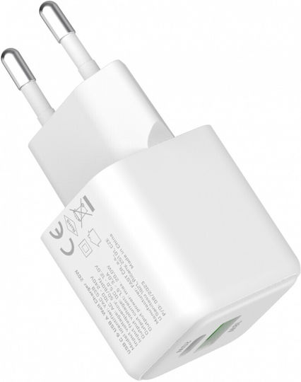 Yenkee Charger Without Cable GaN with USB-A Port and USB-C Port 38W Power Delivery / Quick Charge 4.0 Whites (YAC G38)
