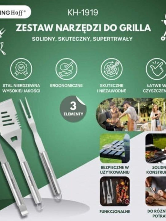 KING Hoff Σετ 3 Εργαλείων BBQ με Σπάτουλα και Τσιμπίδα