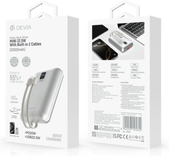 Devia EP208 Mini Power Bank 20000mAh 22.5W Ασημί