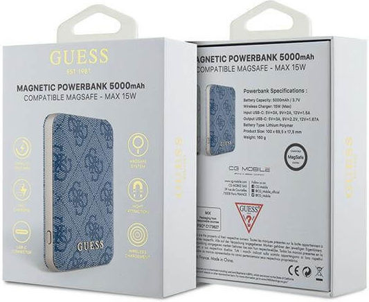 Guess 4g Leather Metal Logo MagSafe Power Bank 5000mAh 15W with USB-A Port and USB-C Port Blue