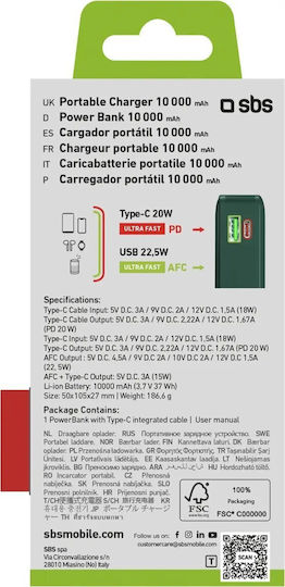 SBS Power Bank 10000mAh 22.5W με Θύρα USB-A και Θύρα USB-C Power Delivery Πράσινο