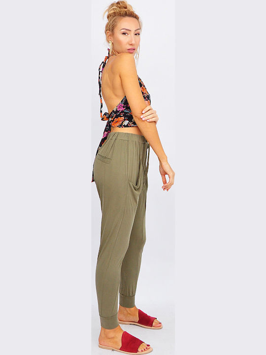 Damen Stoff Hose mit Gummizug Khaki