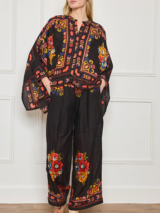 Women's Black Set with Pants with Elastic in Loose Fit