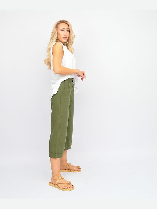 Damen Stoff Capri Hose mit Gummizug in Geradem Schnitt Khaki