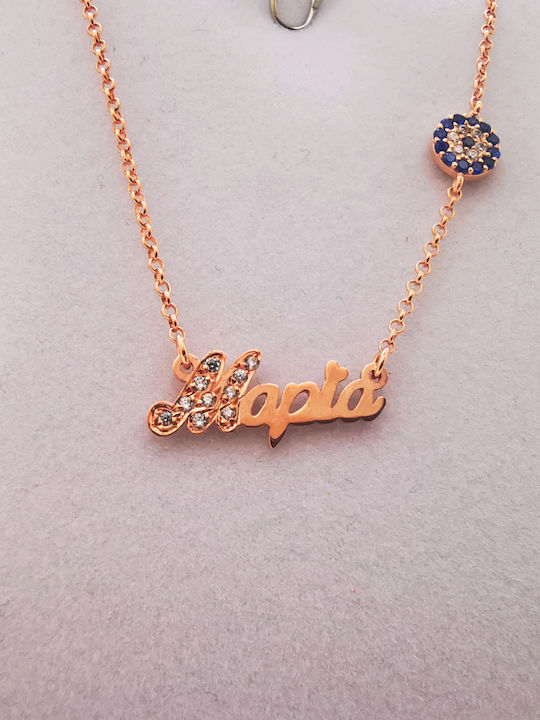 Aris Dentopoulos Jewellery Necklace Name in Pink Gold Plated Silver with Zircon Blue