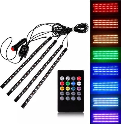 Set 4 Benzi Iluminat Ambiental Auto Foxmag24 Telecomandă Intensitate Reglabilă 12 Led