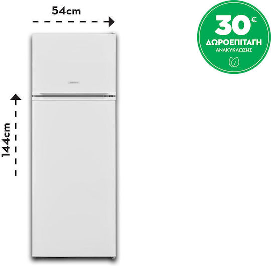 United Kühlschrank mit Doppeltür 212Es H144xB54xT57cm. Weiß UND1454R