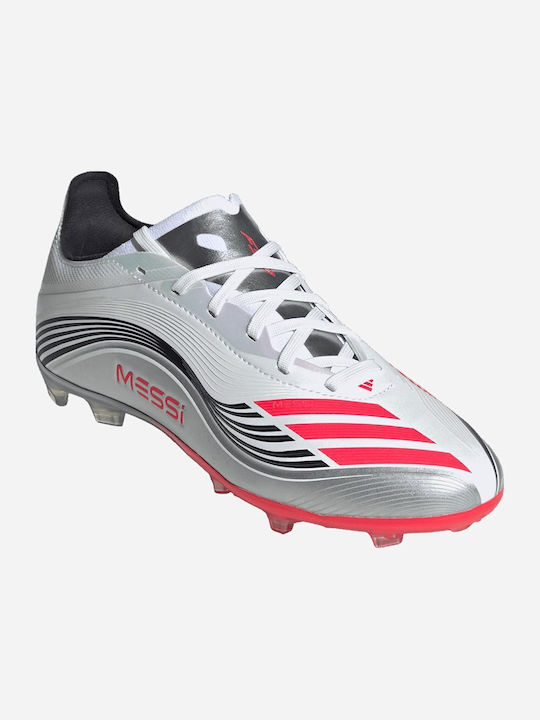 F50 Messi Elite Firm Ground Boots FG Kids Soccer Cleats and Shoes with Molded Outsole Cloud White / Lucid Red / Silver Metallic