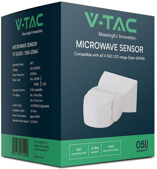 V-TAC Verkabelter Bewegungsmelder Mikrowellen 180° Reichweite 15m