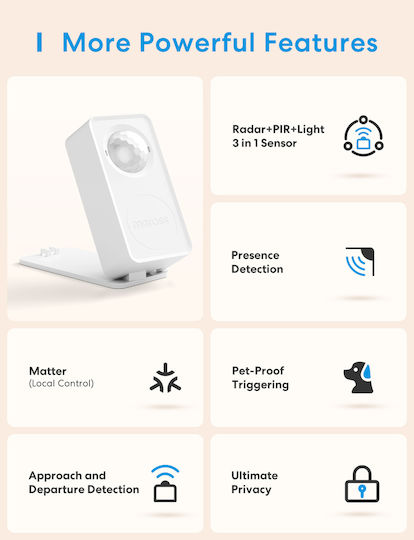 Meross Senzor Mișcare PET Wireless Wi-Fi Bluetooth Infraroșu 180° Rază De Acțiune 12m