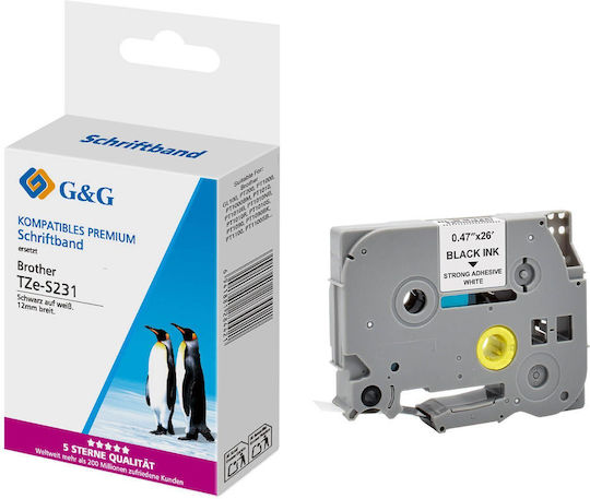 G&G Label Maker Tape RL-B-S-T231P-BK/WT 12mm 8m Compatible with Dymo Rhino/IND