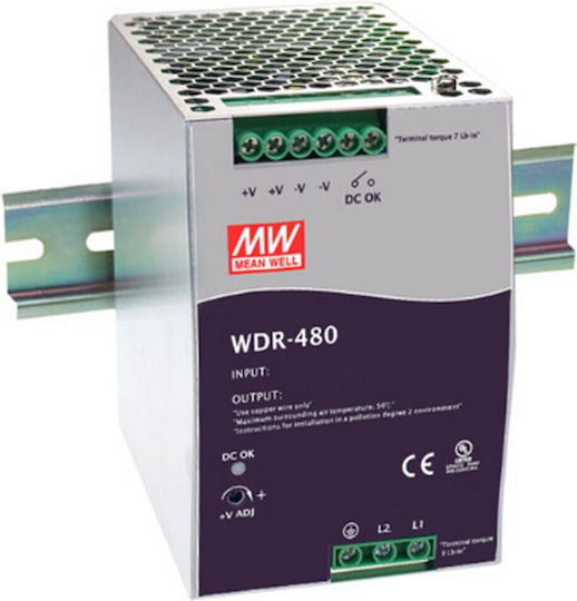 Mean Well Τροφοδοτικό Ράγας WDR480-24 με Έξοδο 24V και Ισχύ 480W 20A