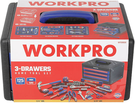 WorkPro Cărucior pentru unelte cu 3 Sertare și 125 Unelte