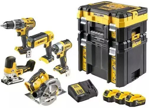 DEWALT DCK500P3T Set Kreissäge & Bohrschrauber & Schlagschraubendreher & Stichsäge & Objektiv Brushless 18V mit 3 Batterien 5Ah und Hülle
