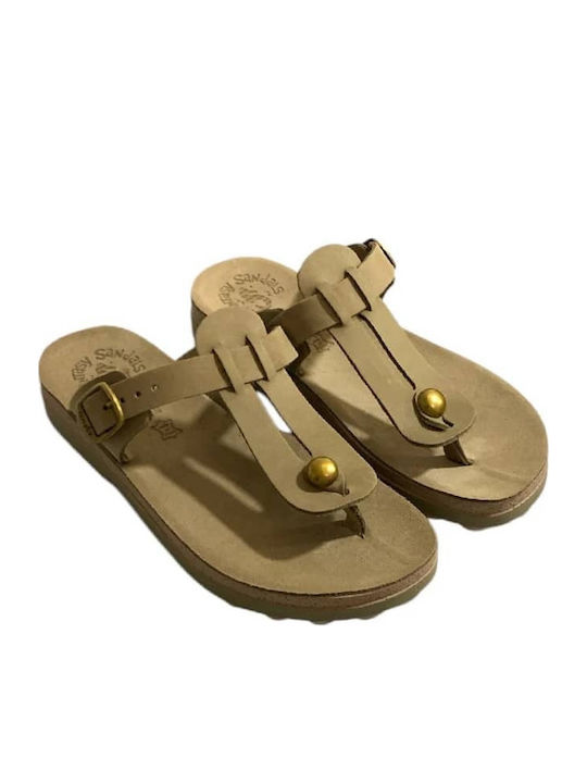 Leather Women's Flat Sandals Anatomic in Khaki Color
