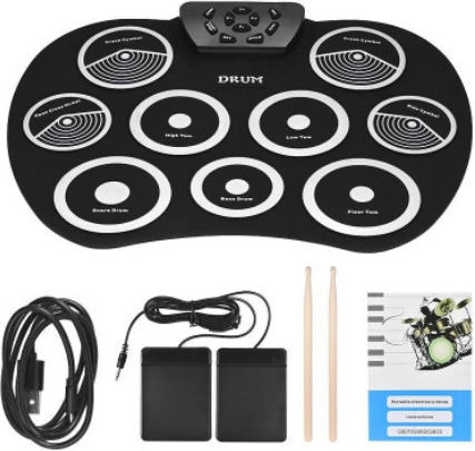 Roza G801 Φορητό Ηλεκτρονικό Σετ Τυμπάνων Roll-up 9 Pads Σιλικόνης Αρχάριους – Μαύρο