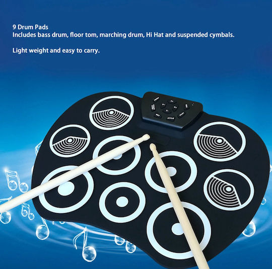 Roza G801 Φορητό Ηλεκτρονικό Σετ Τυμπάνων Roll-up 9 Pads Σιλικόνης Αρχάριους – Μαύρο