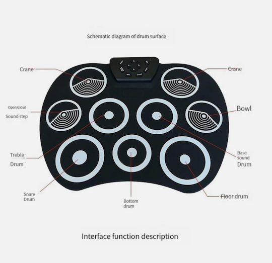 Roza G801 Φορητό Ηλεκτρονικό Σετ Τυμπάνων Roll-up 9 Pads Σιλικόνης Αρχάριους – Μαύρο