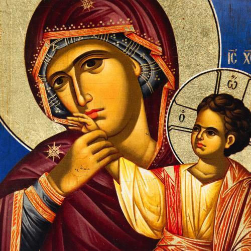 Virgin Mary Paramythia Wooden Aged Icon Canvas Colorful Background Authentic Product of Vatopedi Monastery Holy Great Monastery Vatopedi Imv-0205imv-23_12 23 X 12 Cm