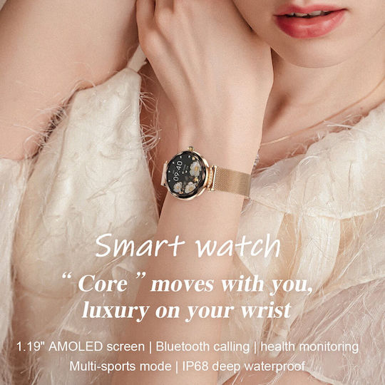 Microwear NX7 Pro Stainless Steel 38mm Smartwatch με Παλμογράφο (Gold Steel)