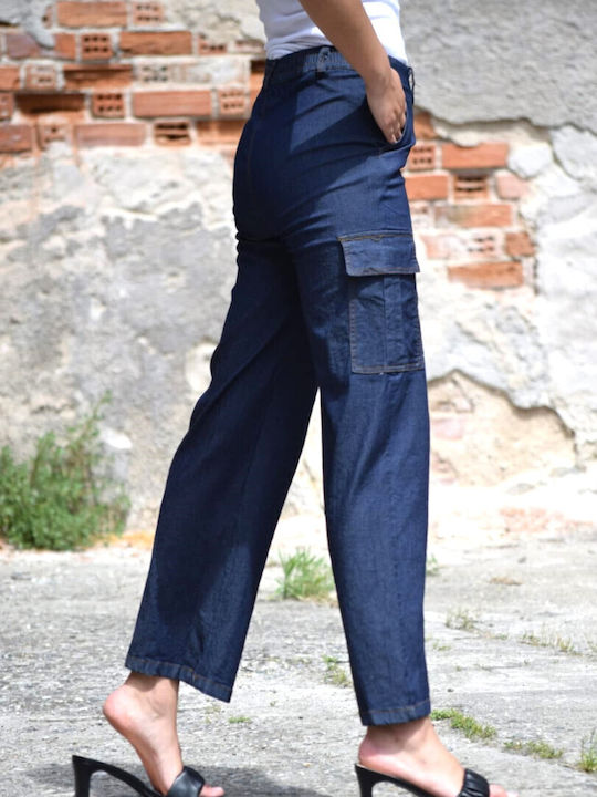 Women's High-waisted Fabric Cargo Trousers Straight Line Blue