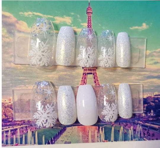 Press-on Nails False Nails Set Nail Art 24 Pieces + 1 Extra Glue Snow Flakes Glam