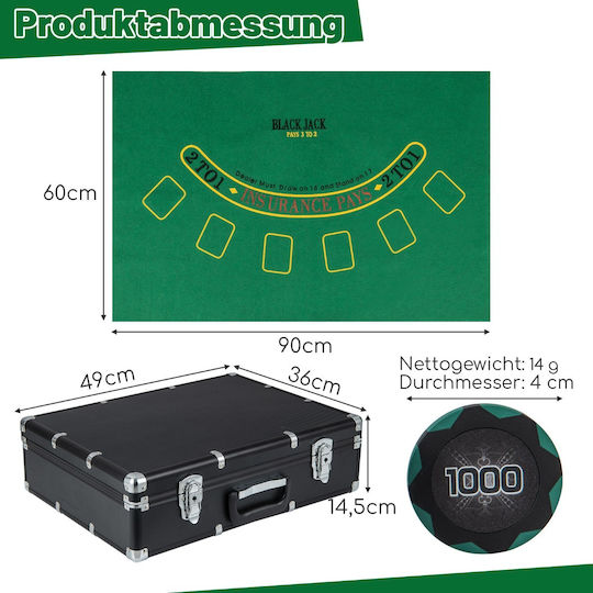 Costway Σετ 600 Μάρκες Poker 40mm / 14gr με 6 Τράπουλες και Τσόχα