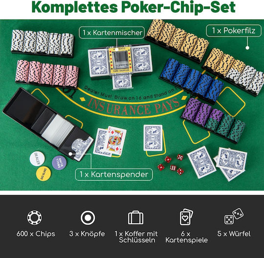 Costway Σετ 600 Μάρκες Poker 40mm / 14gr με 6 Τράπουλες και Τσόχα