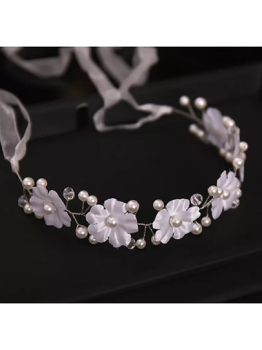Bridal Hair Wreath Ribbon Pearls White Flowers Silver White Ribbon