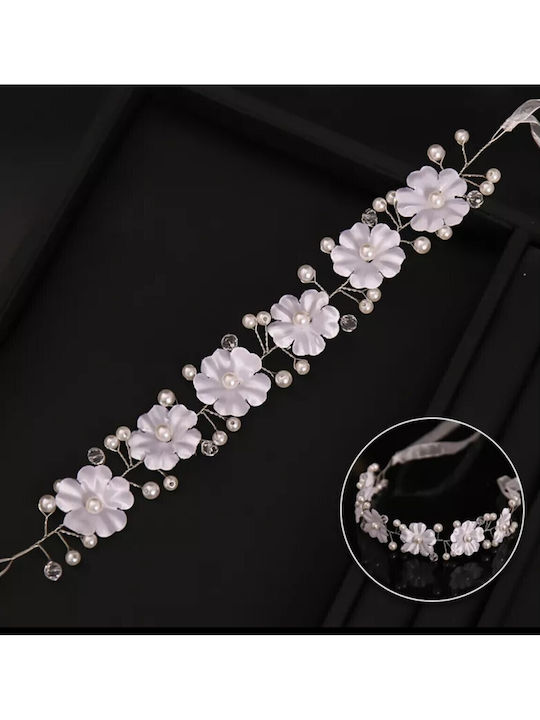Bridal Hair Wreath Ribbon Pearls White Flowers Silver White Ribbon