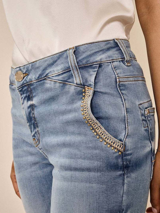 Mos Mosh Women's Denim Trousers with Rips and Embroidery on the Pocket and Zipper at the Ankle Cropped 137380 Light Blue