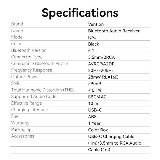 Vention Audio Bluetooth Receiver 3.5mm/2 RCA