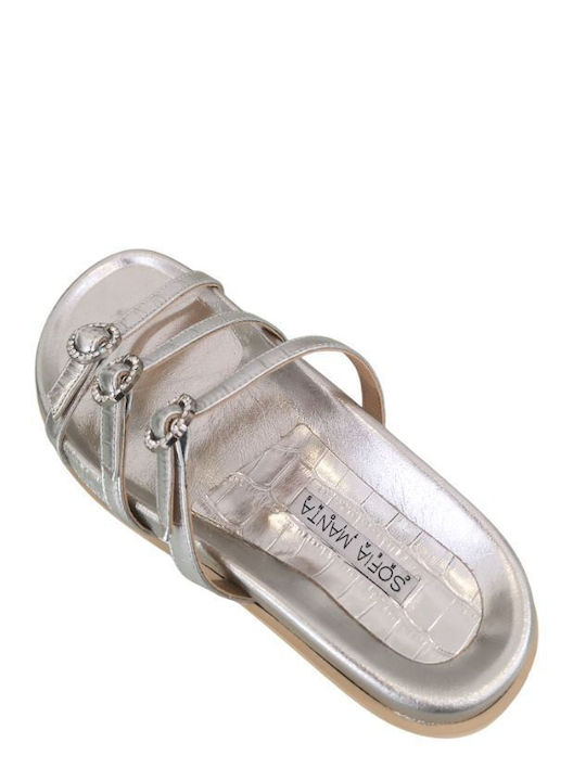 Leder Flache Sandalen für Damen in Silber Farbe