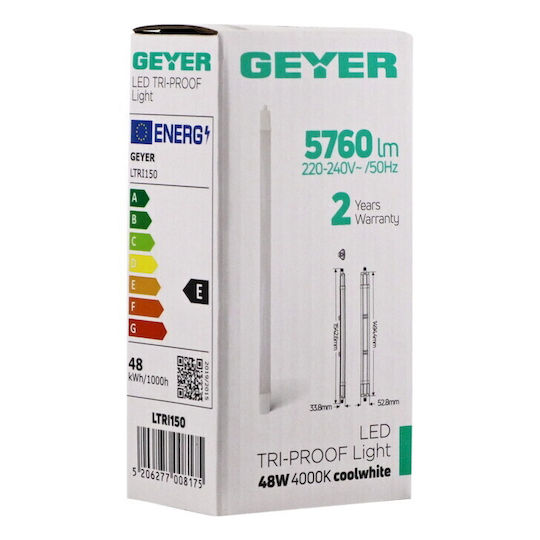 Ltri150 Led Tri-proof Lighting Batten 1.50m 48w 4000k 5760lm Ip65 Geyer