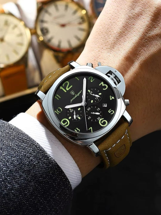 Poedagar Men's Watch Battery with Brown Leather Strap