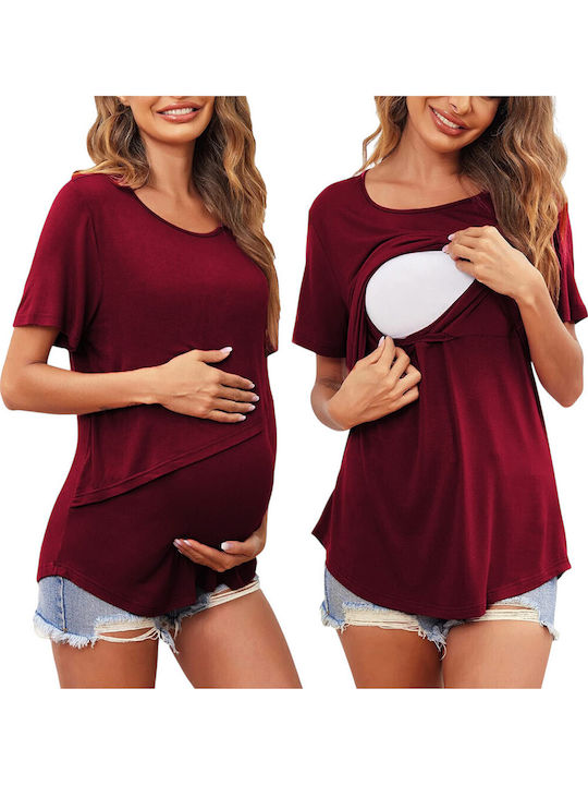 Burgundy Short Sleeve Asymmetrical Nursing Maternity Top Round Neck Summer 2025 Queen Mother