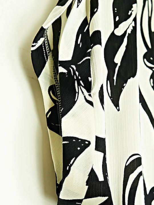 Women's Blouse Satin Floral Black and white