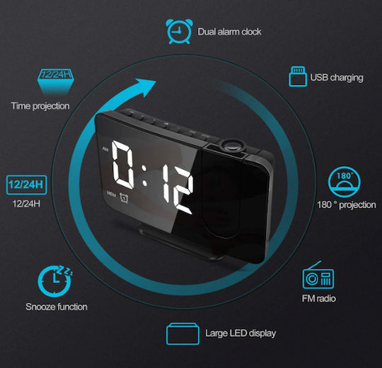 Tischuhr Digital LED mit Wecker & Tischradio Schwarz ROZA-913-BA