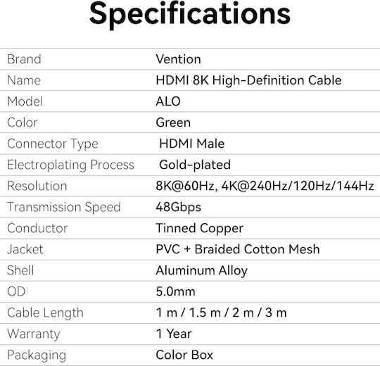 Vention Cablu HDMI 2.1 8k60hz Împletit Ultra Subțire 3.0m Alogi