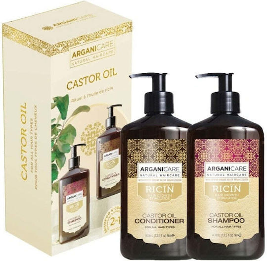 Arganicare Castor Oil Set de îngrijire a părului pentru reconstrucție și hrănire pentru păr uscat cu Șampon, Balsam și Ulei 2buc