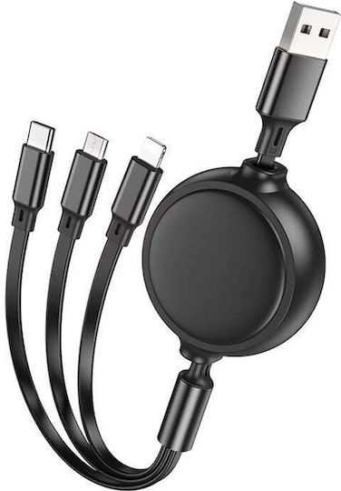 Usb-a To Type-c Lightning Micro-usb Cable 1m Length 3 Charging Heads Black