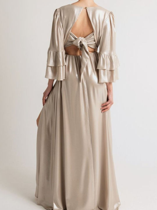 Rochie Maxi De Seară Spate Deschisă Cu Volane Aurie