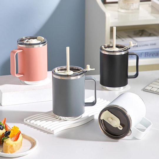 Uncle George Stainless Steel and Plastic Thermos Bottle 460ml with Handle and Straw White