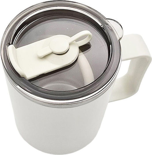 Uncle George Stainless Steel and Plastic Thermos Bottle 460ml with Handle and Straw White