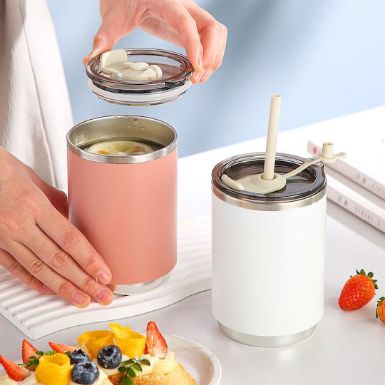Uncle George Uncle George Stainless Steel Plastic Thermos Bottle 460ml with Straw White