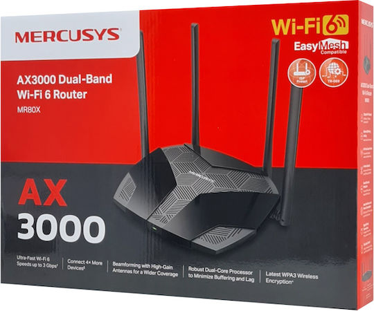 Mercusys MR80X v1 Drahtlos Router Wi-Fi 6 mit 3 Anschlüssen Gigabit Ethernet