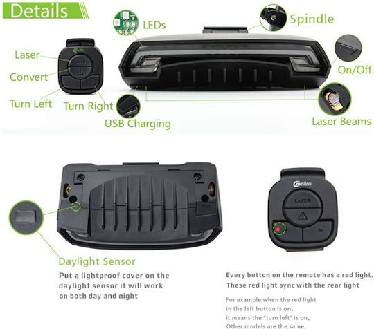 XLC 6134 Rechargeable Rear Bicycle Light Wireless Laser with USB and Flash with Remote Control